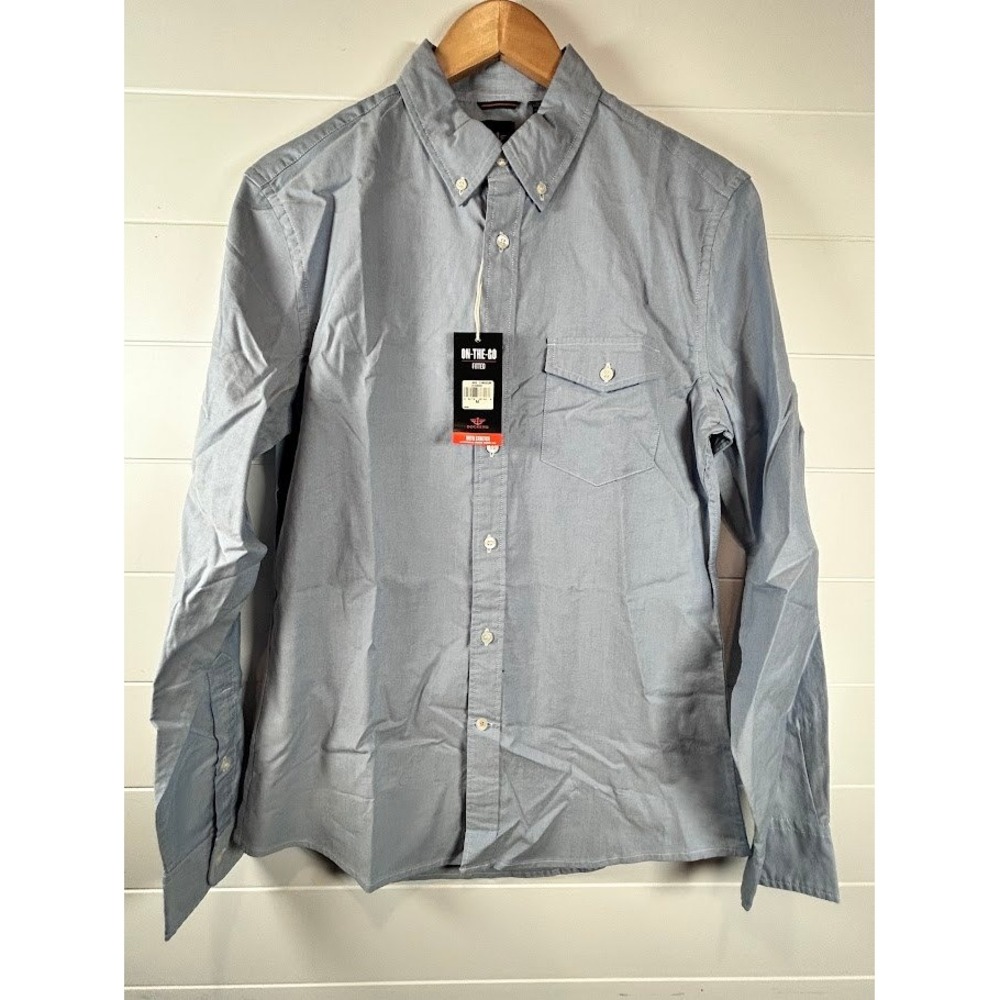 Dockers Mens ON-THE-GO FITTED Long Sleeve Button Down Shirt Blue Stretch M